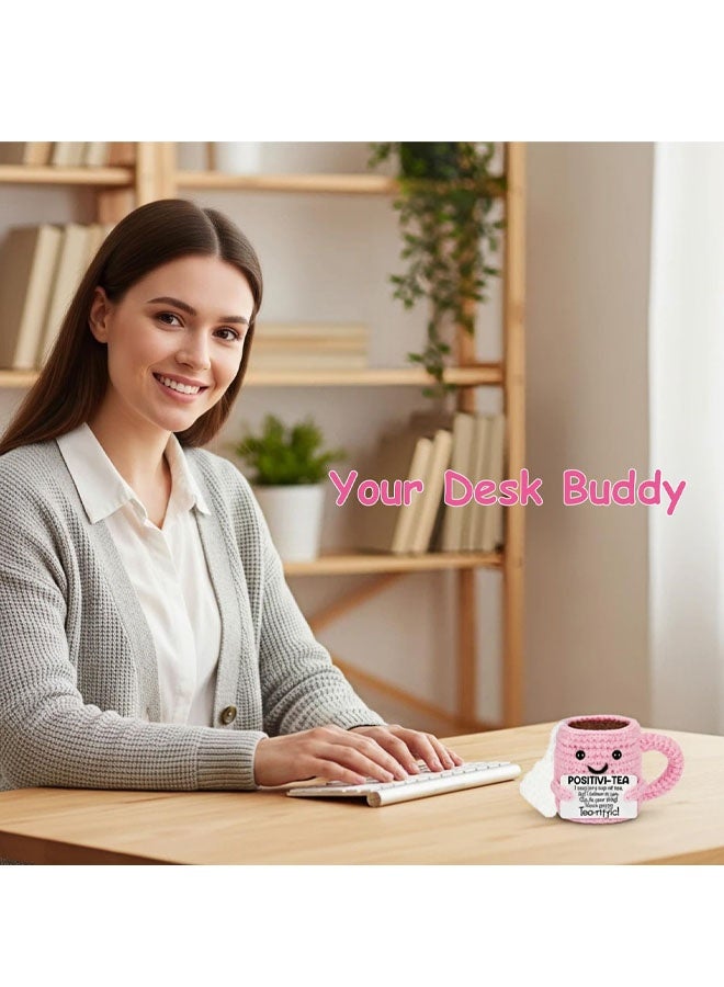 Cute Birthday Gifts for Women, Positive Handmade Crochet Pink Tea Cup Desk Decor–Tea Lovers Funny Unique Emotional Small Gift for Best Friends Girlfriend Wife Mom Coworkers Thank You Valentines Day - Image 4